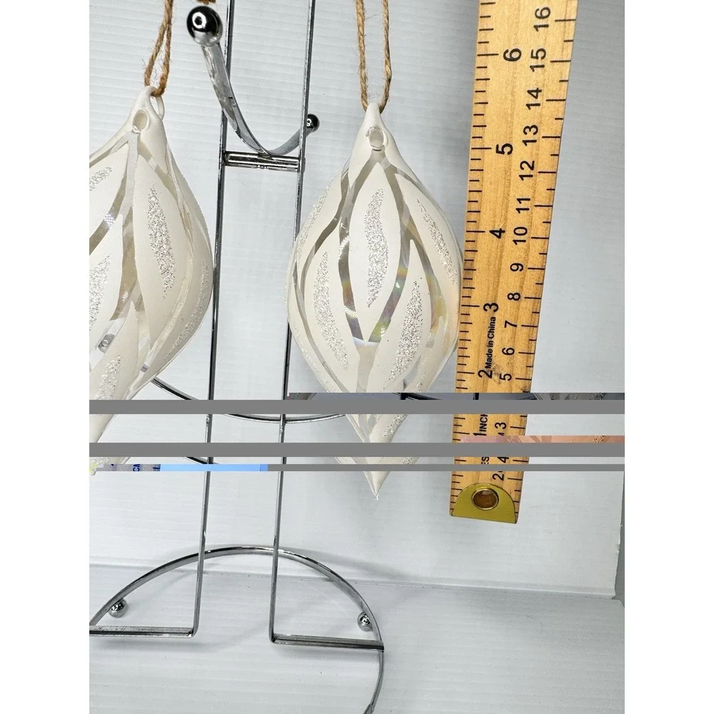 Pottery Barn NWT Set of 2 White Silver Glitter Glass Teardrop Hanging Ornaments